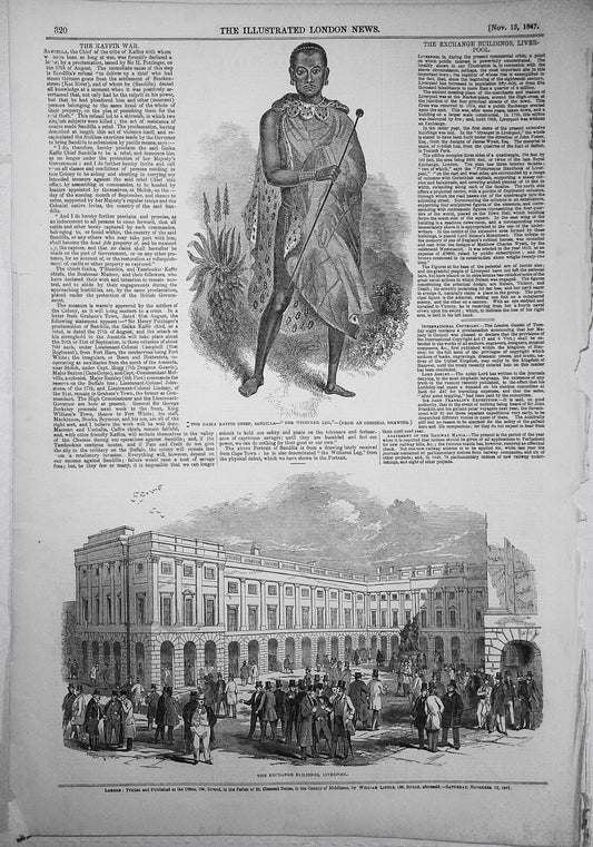 Sandilla, Chief of Kaffirs & Exchange Buildings. Illustrated London News, 1847