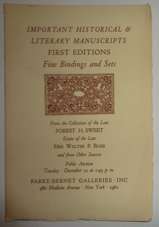 Important historical & literary manuscripts, first editions. Forest H Sweet 1961