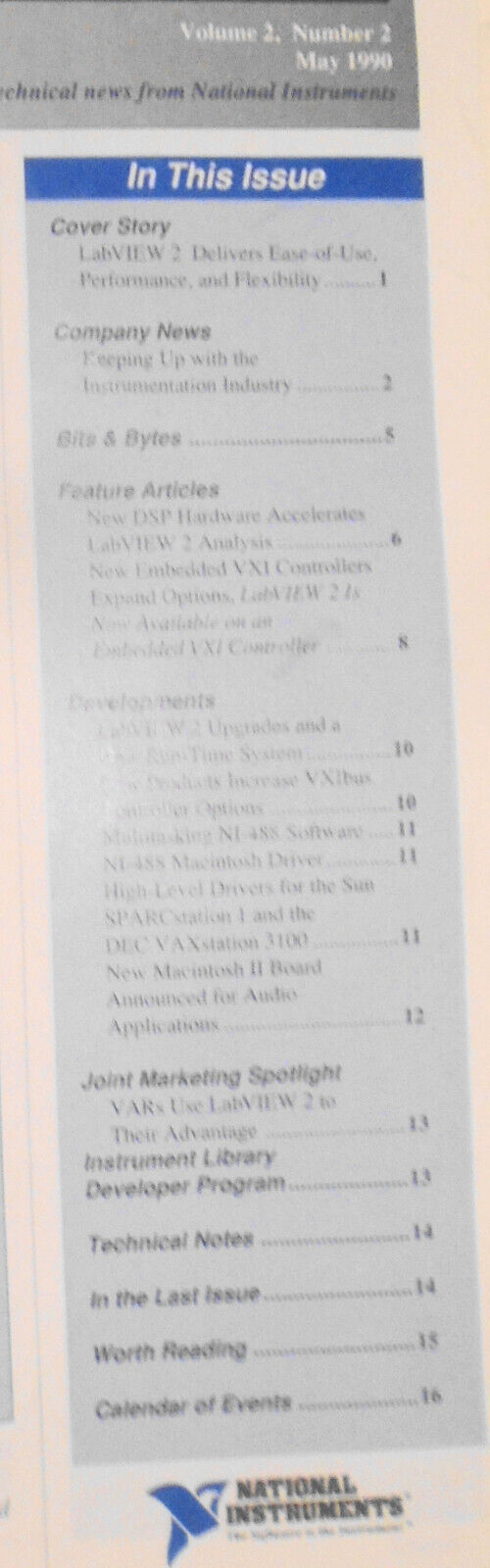 Instrumentation Newsletter, by National Instruments -  May 1990. LabVIEW 2, etc.