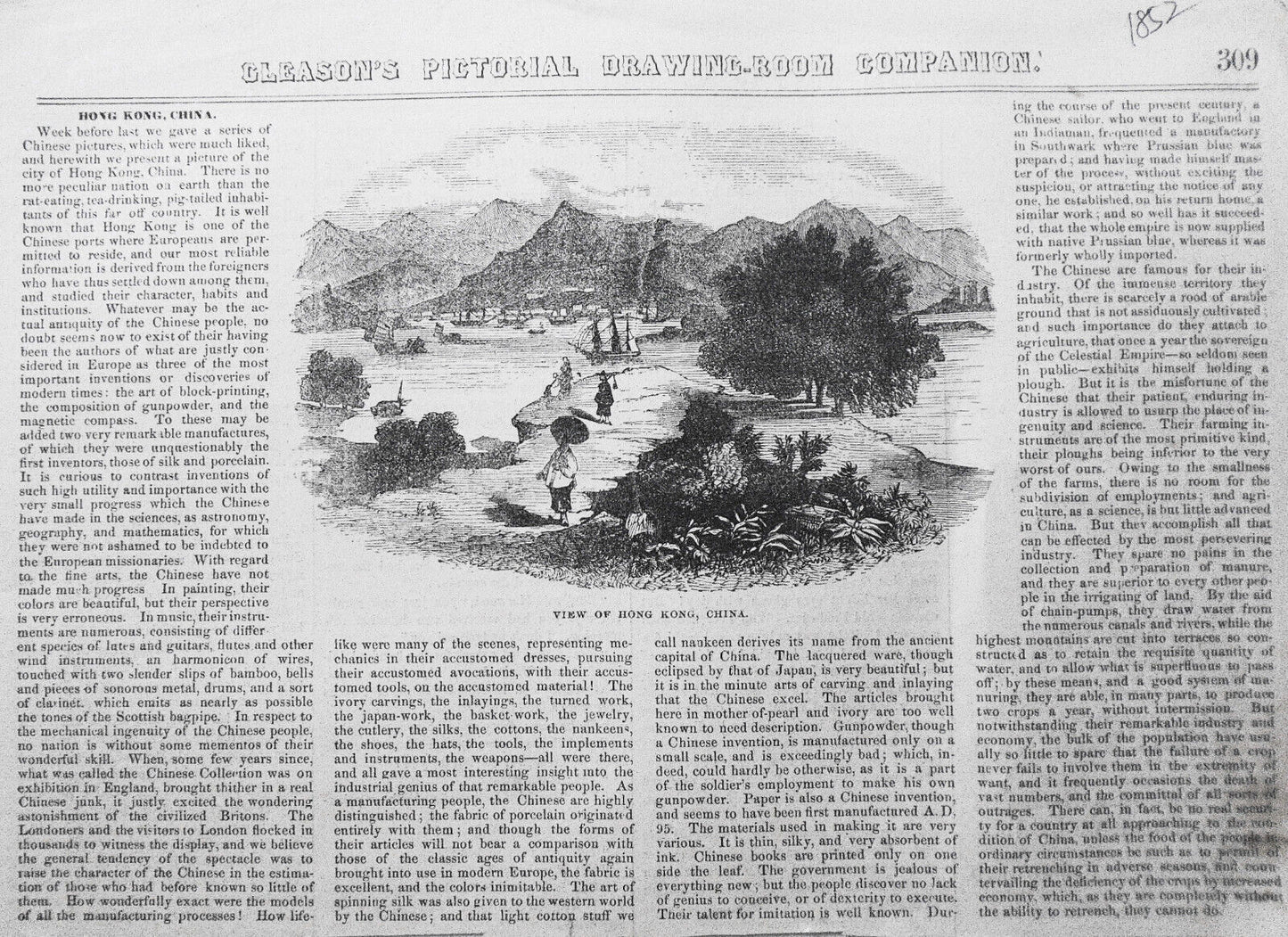 View Of Hong Kong, China - Gleason's Pictorial 1852 Story & Print