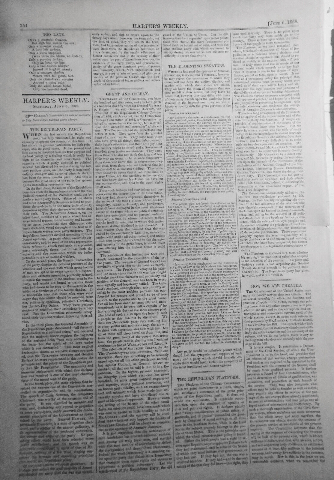 Harper's Weekly June 6, 1868: Republican Convention; Monument to dead soldiers