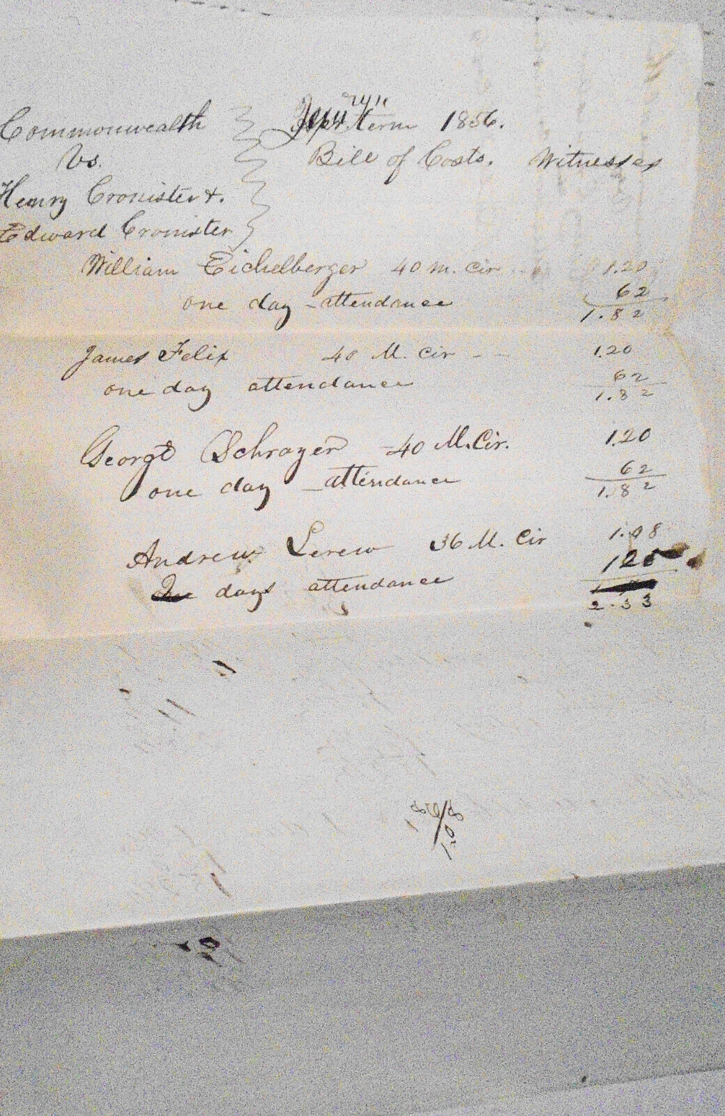 1856 Gettysburg Pennsylvania - Bill of Costs -  Cronister case