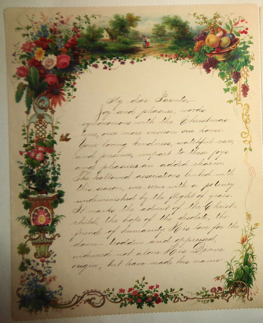 1876 Handwritten embossed chromolithograph Christmas Greeting to parents