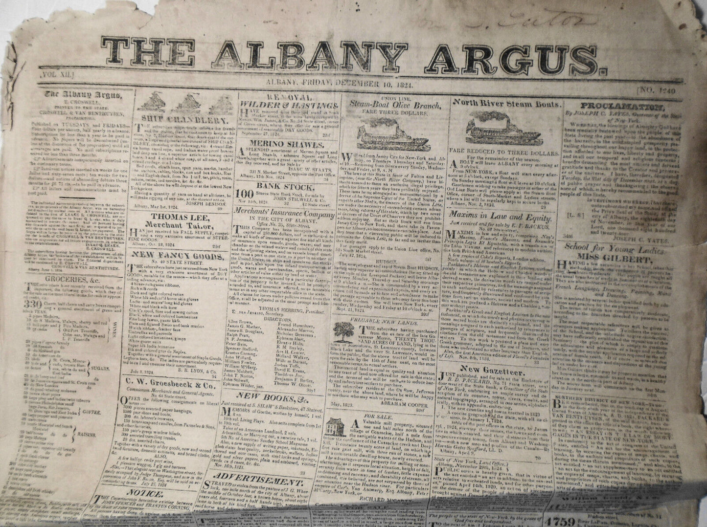 The Albany Argus, December 10, 1824 - Official canvass, Lord Byron letter, etc