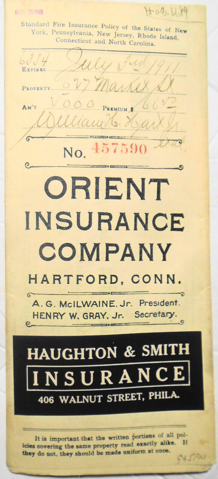 1910 Orient Insurance Co. Hartford Connecticut. Fire Insurance Policy Document