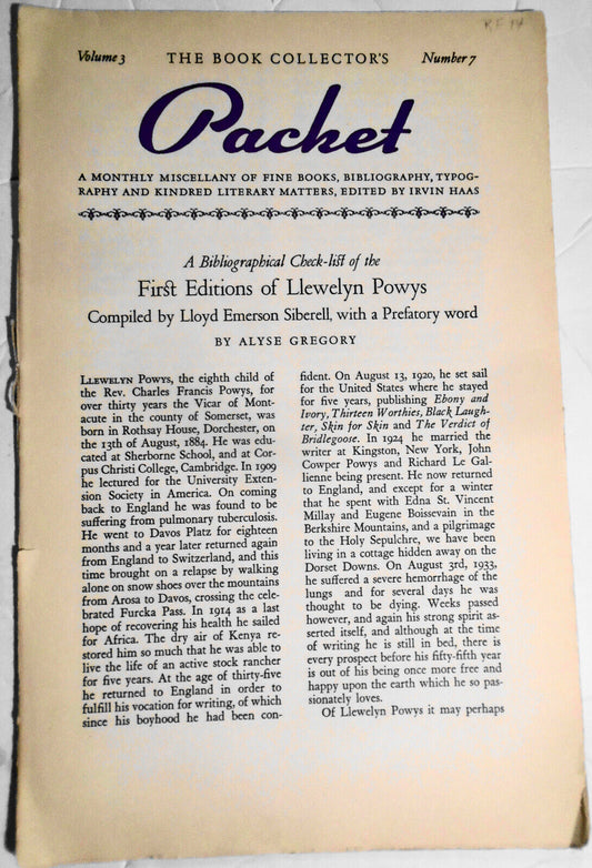 Book Collector's Packet, March 1939 - First Editions of Llewelyn Powys, etc..