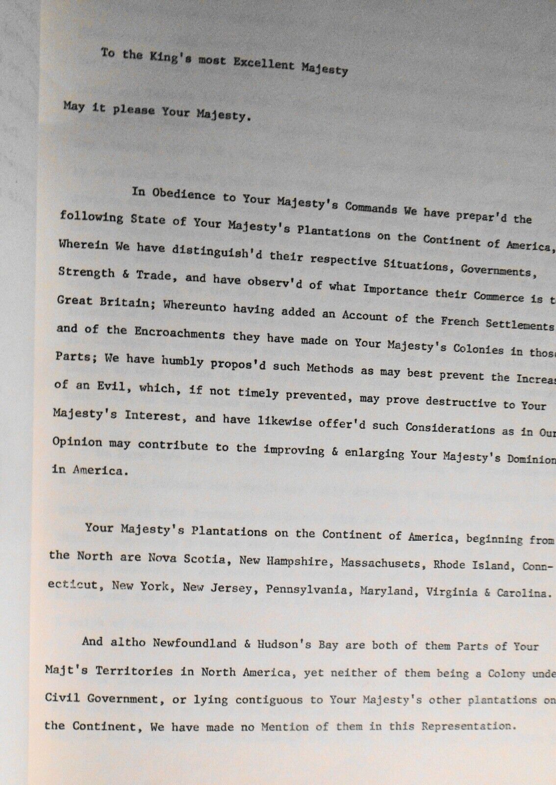 State of Your Majesty's Plantations on the Continent North America 1721 - TYPED