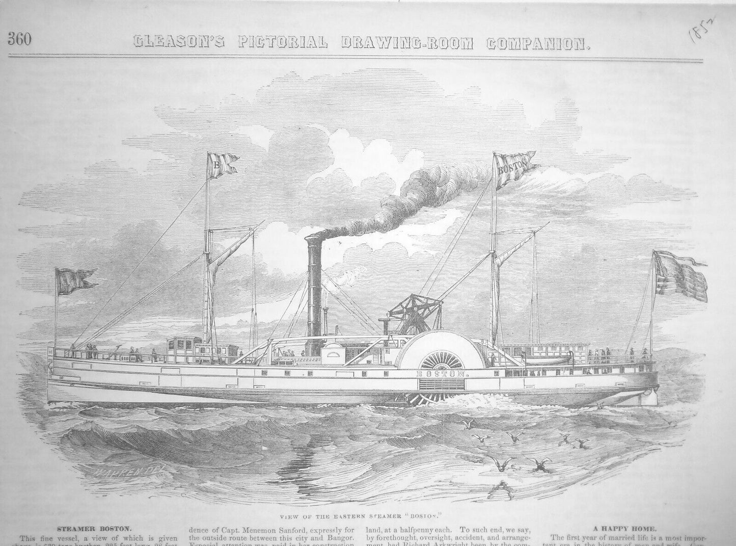 1852 The Eastern Steamer "Boston" - Story & print + Silver Plate - Gleason's