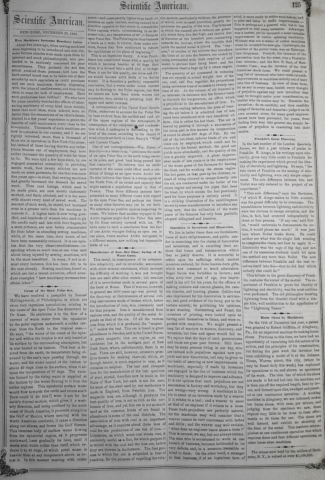 Scientific American, December 29, 1855. Franklin's great discovery; etc