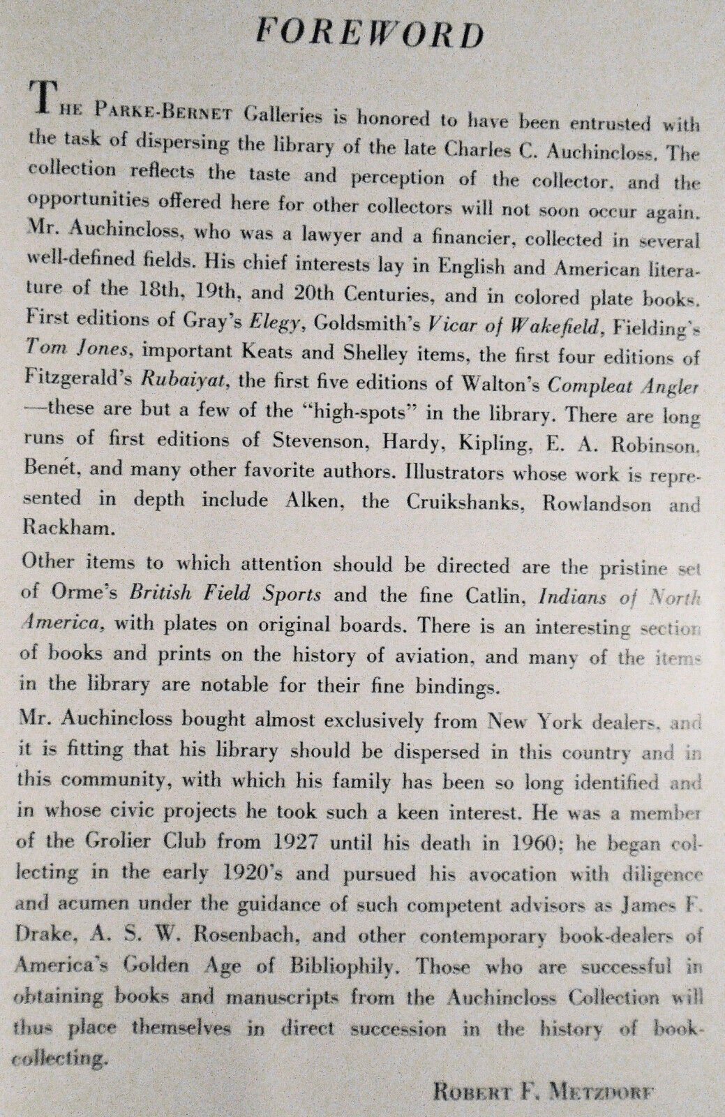 Distinguished Books Manuscripts Prints of Charles Auchincloss. 1961 Parke-Bernet