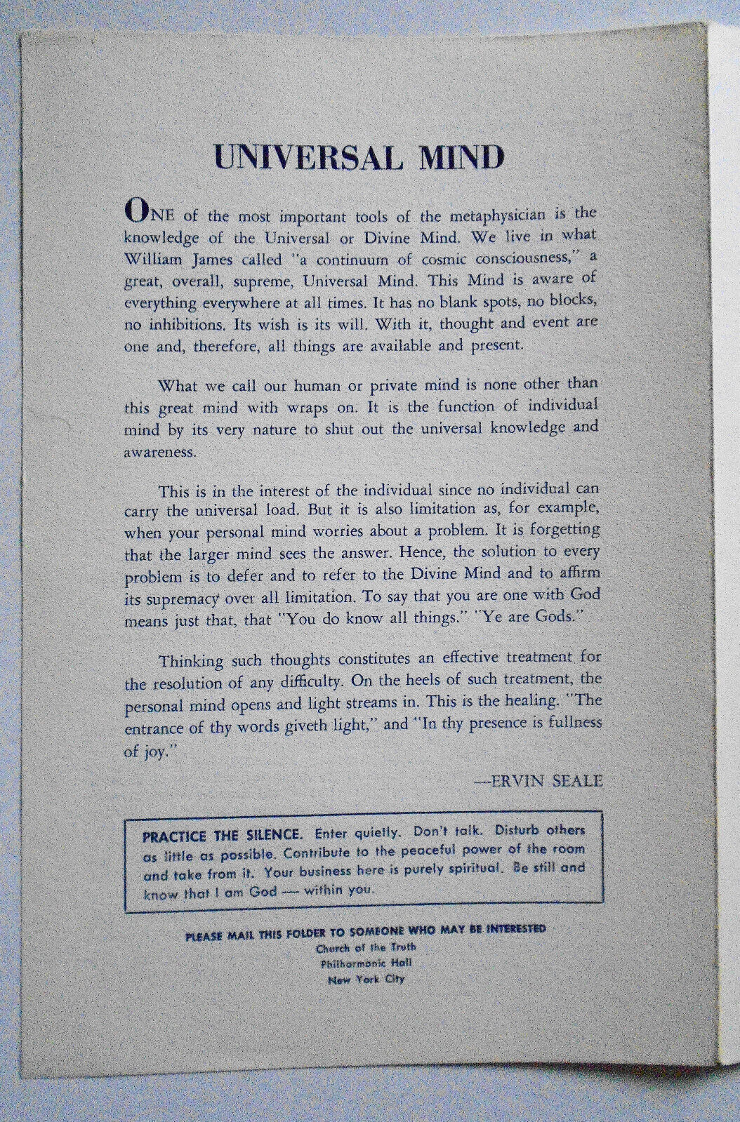 Dr. Ervin Seale - Church Of The Truth -  3 Programs, 1967-68 Lincoln Center, NYC