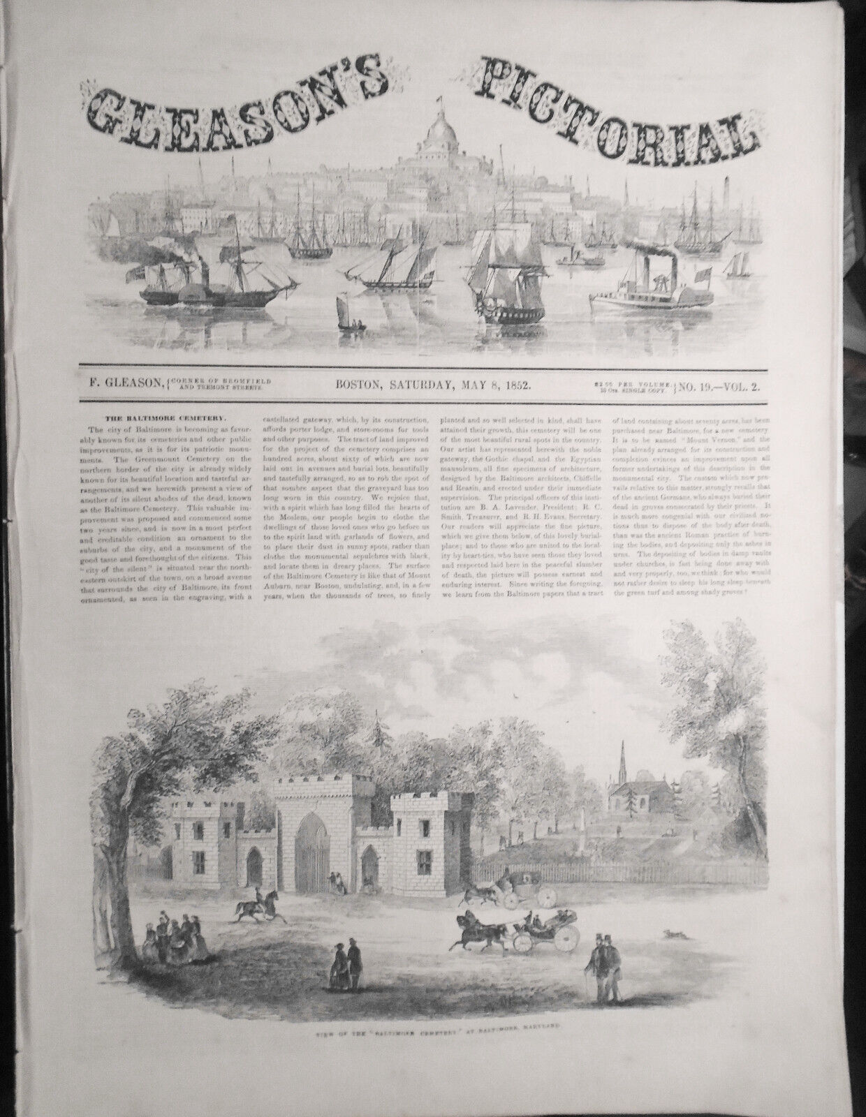 Gleason's Pictorial - Complete Original Issue - May 8, 1852. Baltimore Cemetery.