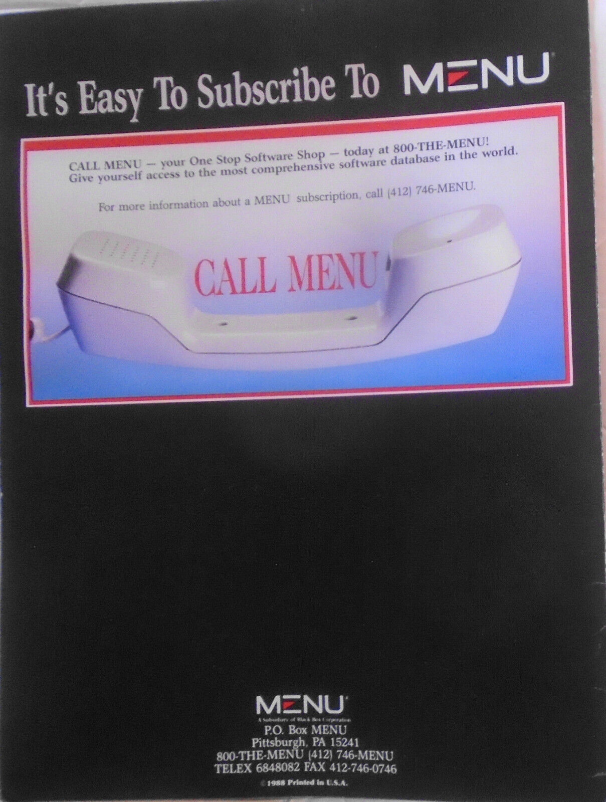 MENU - The One Stop Software Shop - original promo brochure, 1988.