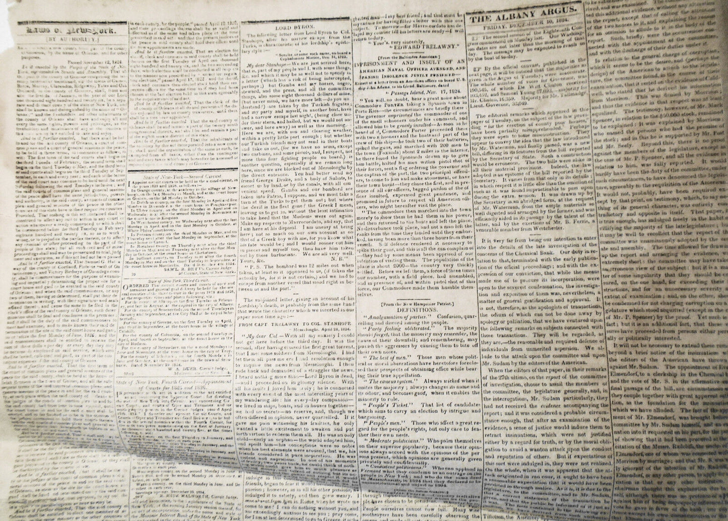 The Albany Argus, December 10, 1824 - Official canvass, Lord Byron letter, etc