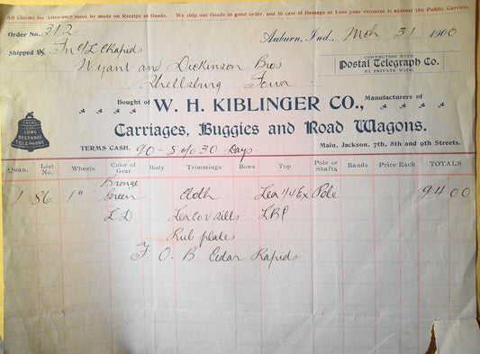 1900 W. H. Kiblinger Co., Carriages, Buggies & Road Wagons, Auburn, IN Billhead