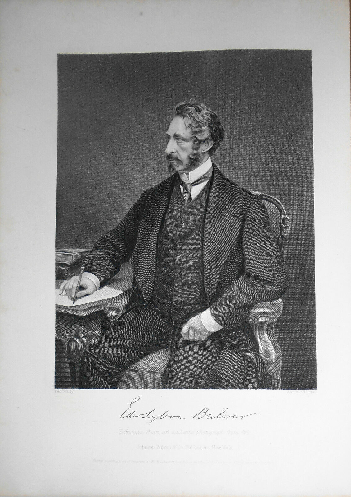 Edward Bulwer-Lytton -  portrait engraving - 1876 Duyckinck Int'l Gallerie