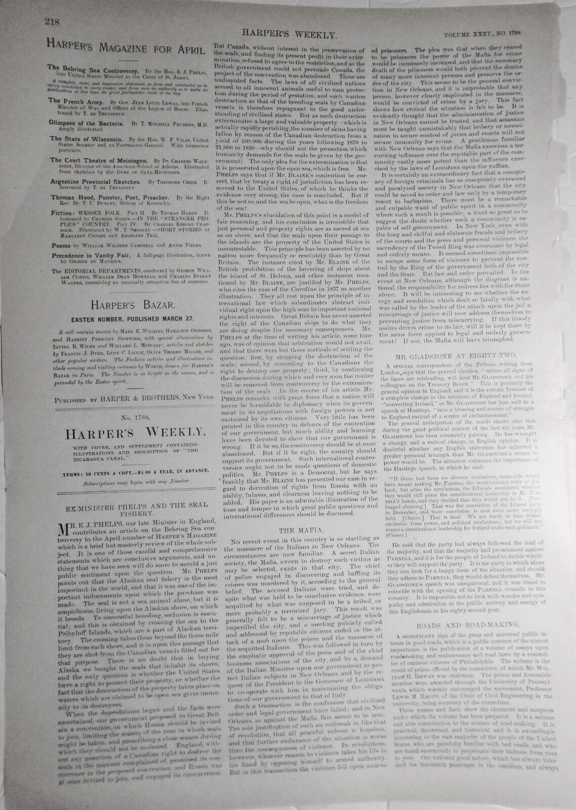 [Mafia] Killing of 6 Italians in New Orleans - Harper's  Weekly, 1891. Original.