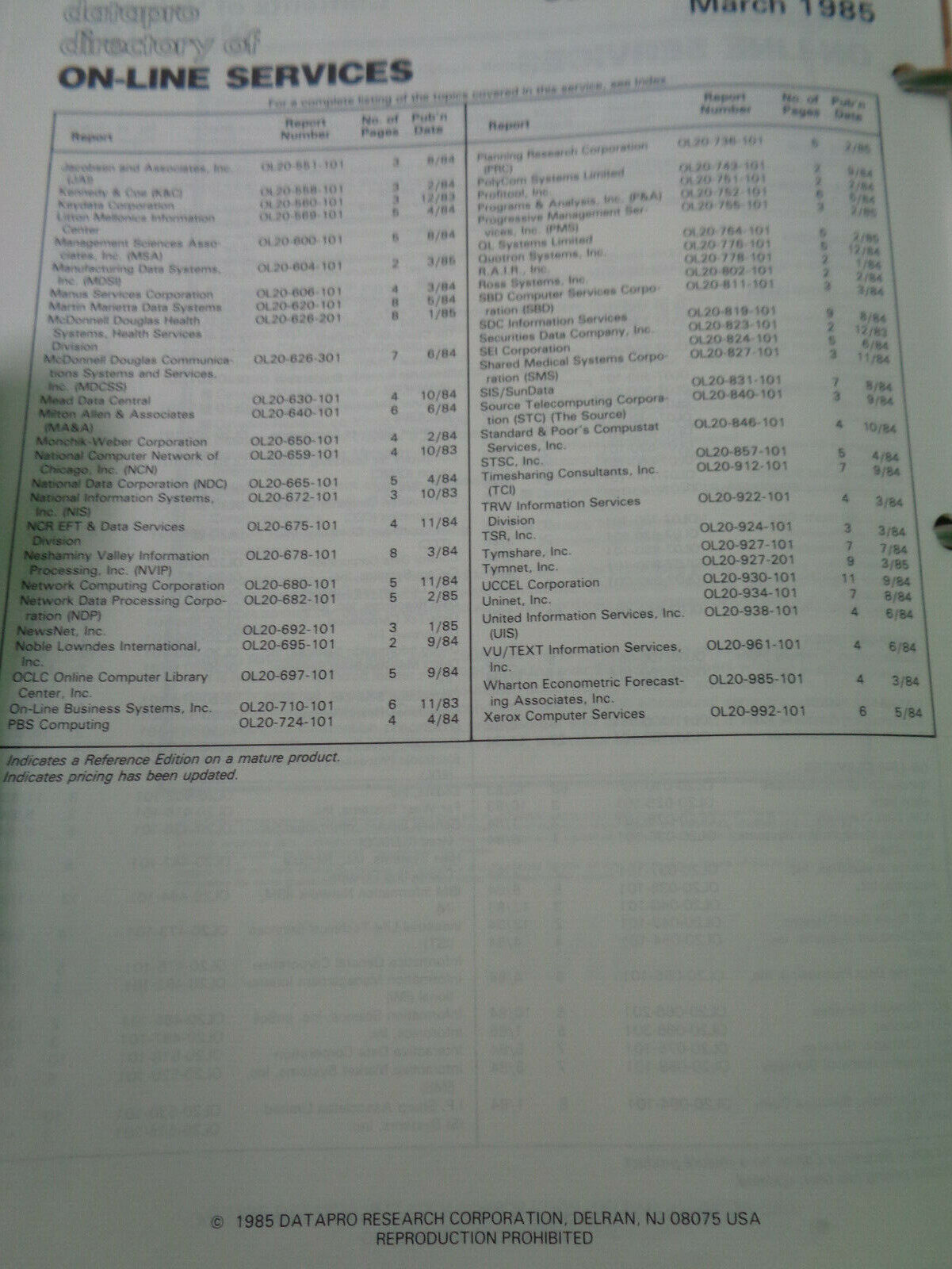 Datapro directory of on-line services. 1985. 2 Volumes Set. Fine.