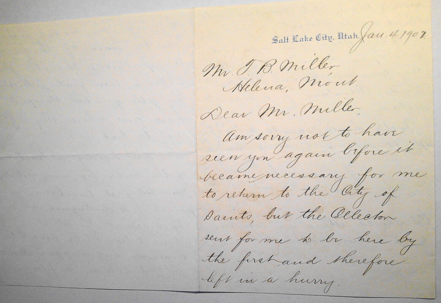 1902 Salt Lake City, Utah Letter to Hrlena, MT