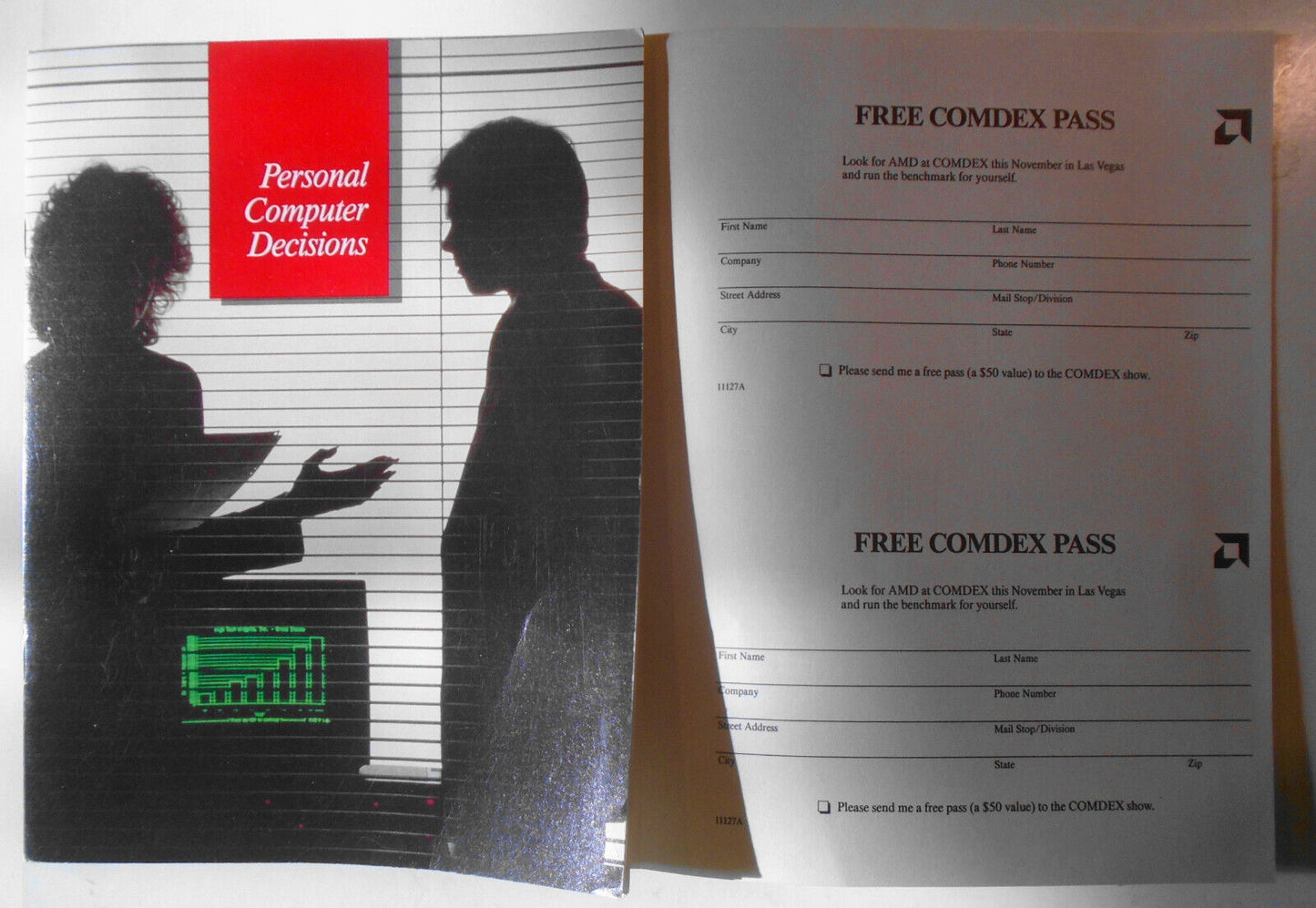 Personal Computer Decisions 1988 brochure by Advanced Micro Devices. 286 vs 386