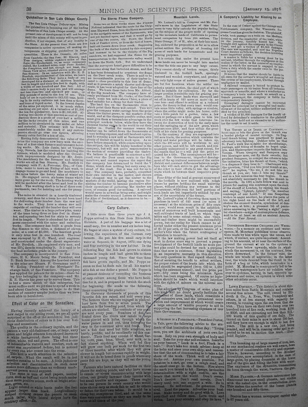 Mining and Scientific Press January 15, 1876. Yellowstone Lake; Colorado Bullion