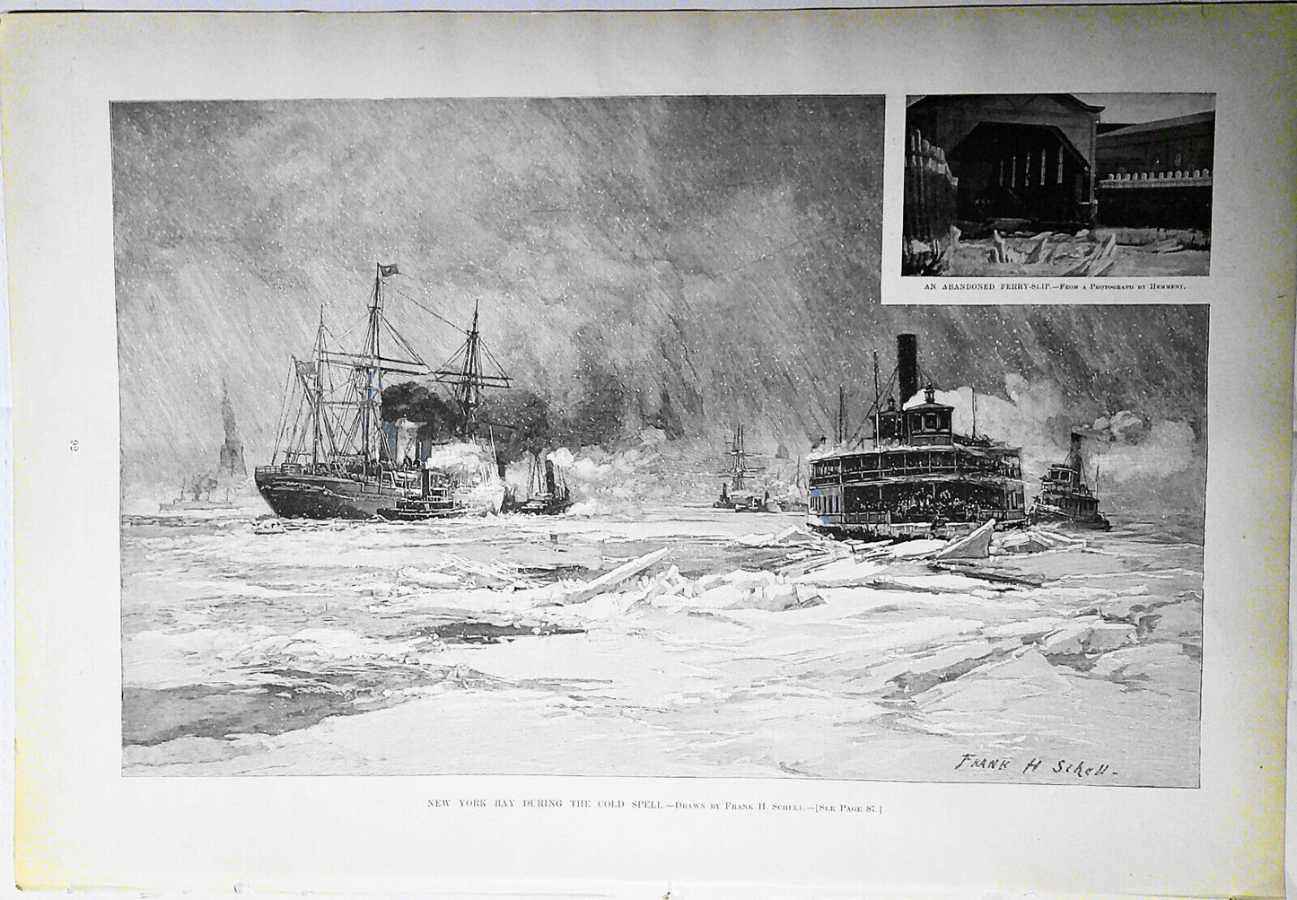 New York Bay During The Cold Spell drawn by Frank H Schell. Harper's Weekly 1893