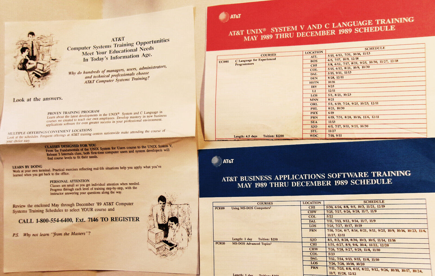 AT&T Computer Training 1989 - UNIX & C + Business apps - 2 brochures & Flyer