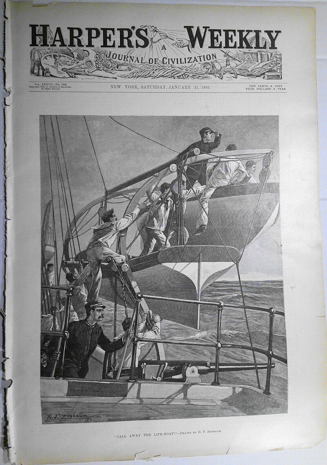 "Call Away the Life-boat!", drawn by R. F. Zogbaum. Harper's Weekly, 1893 cover.