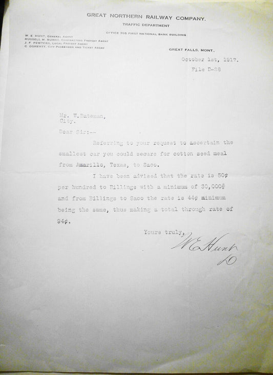 1917 Great Northern Railway Company - Letter with quote from Amarillo TX to Saco