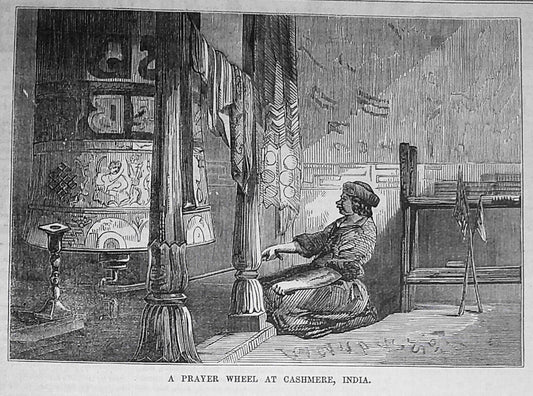 A Prayer Wheel at Cashmere India. Ballou's Pictorial 1857.  Original print