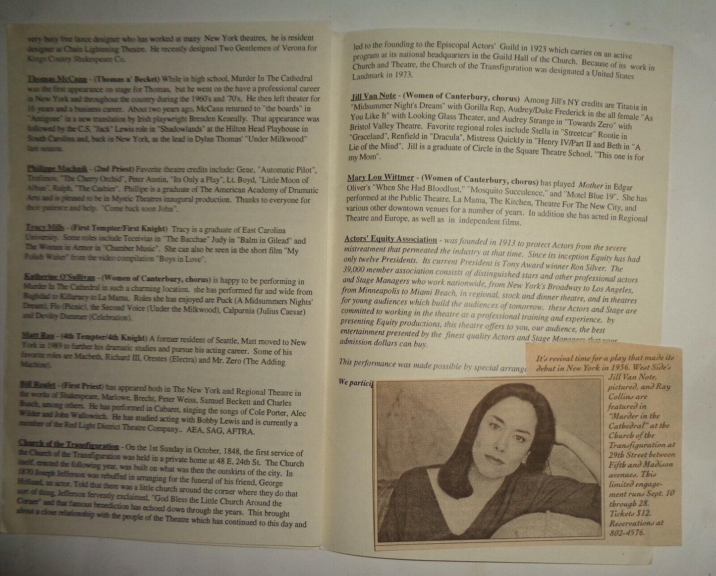 MURDER IN THE CATHEDRAL - Program - 1996 Church Of The Transfiguration, New York