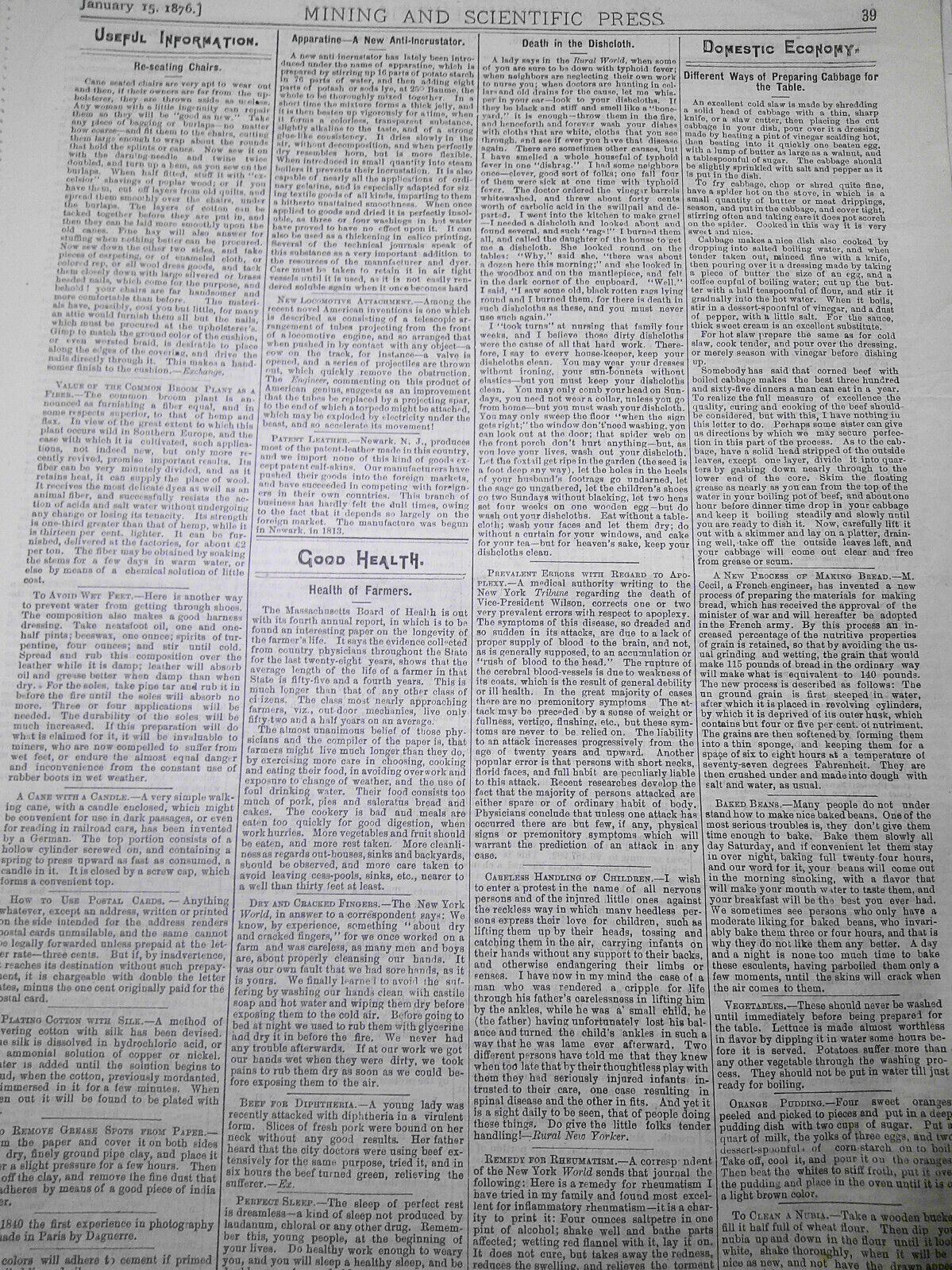 Mining and Scientific Press January 15, 1876. Yellowstone Lake; Colorado Bullion
