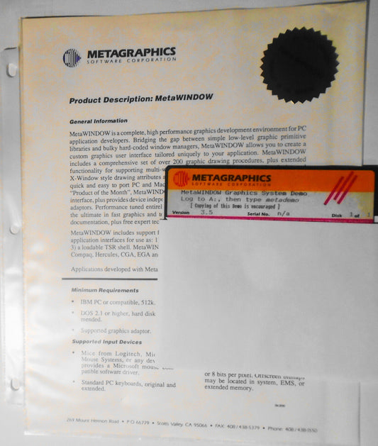 MetaWINDOW by Metagraphics Software Corporation - Demo program 1991, Version 3.5