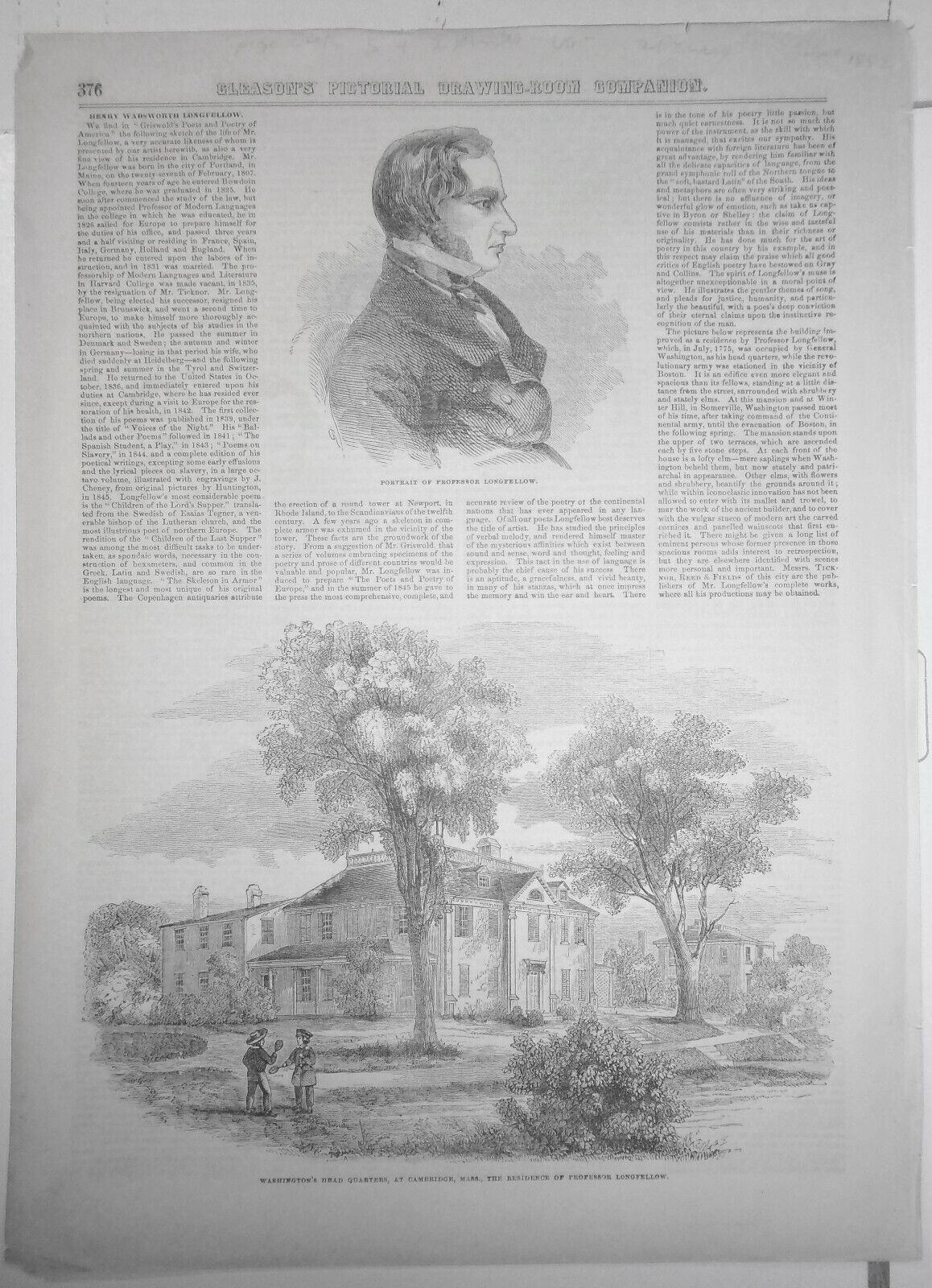 1852  Washington's Headquarters + Longfellow - 2 prints & story - Gleason's