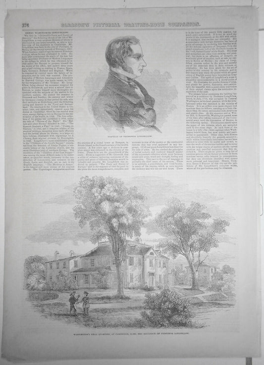 1852  Washington's Headquarters + Longfellow - 2 prints & story - Gleason's