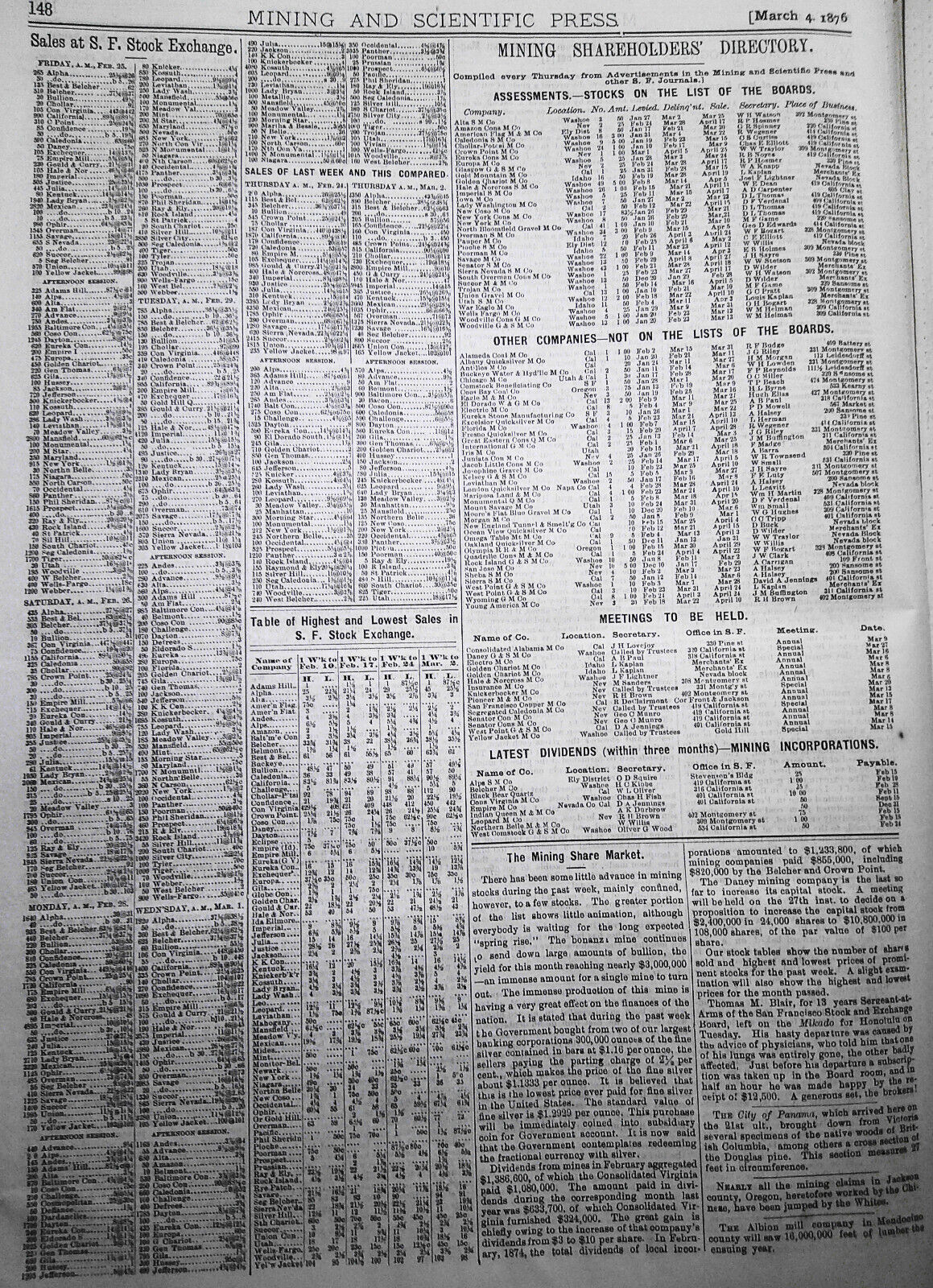 Mining and Scientific Press, March 4, 1876. Bonanza Mines; Bigelow Engine; etc