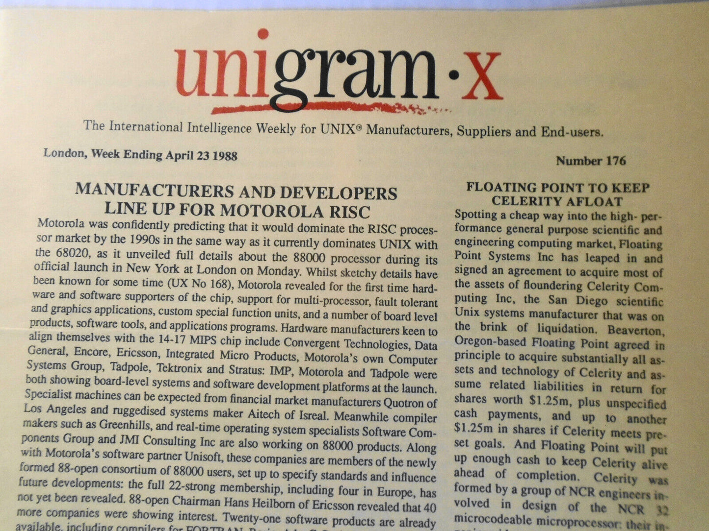 Unigram-X, #176 - April 23, 1988 - London weekly for UNIX manufacturers, et al