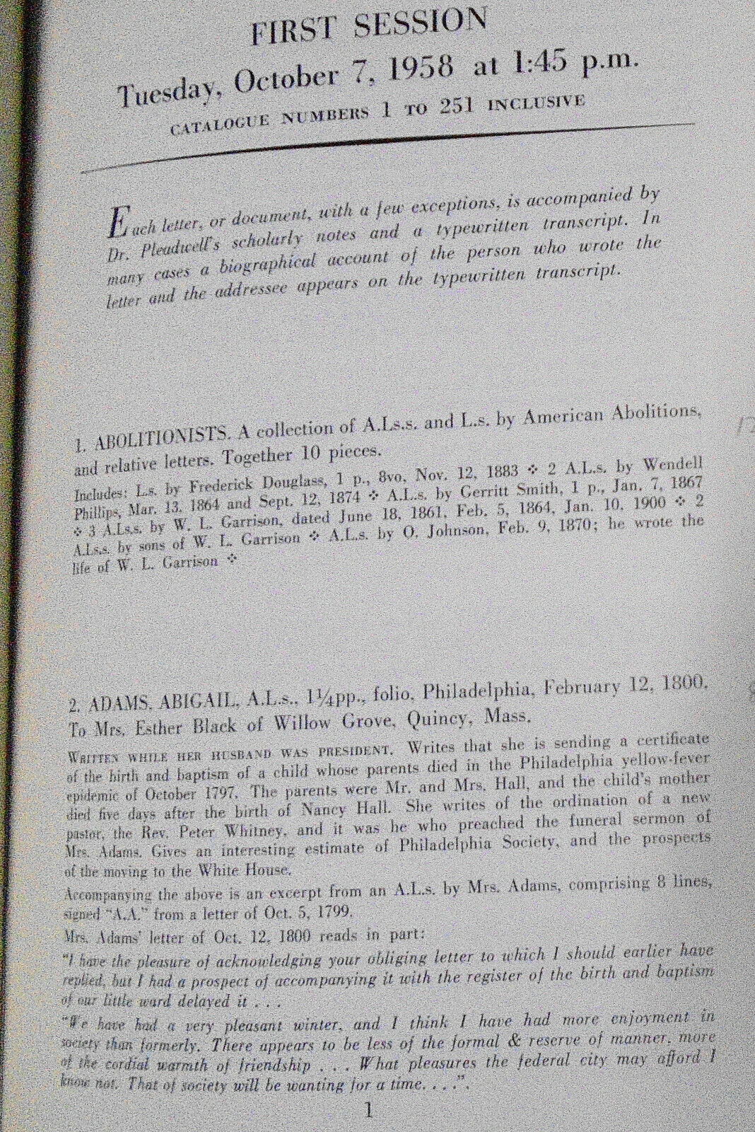 American, British, Continental autographs and mss - Pleadwell. 1958 Parke-Bernet