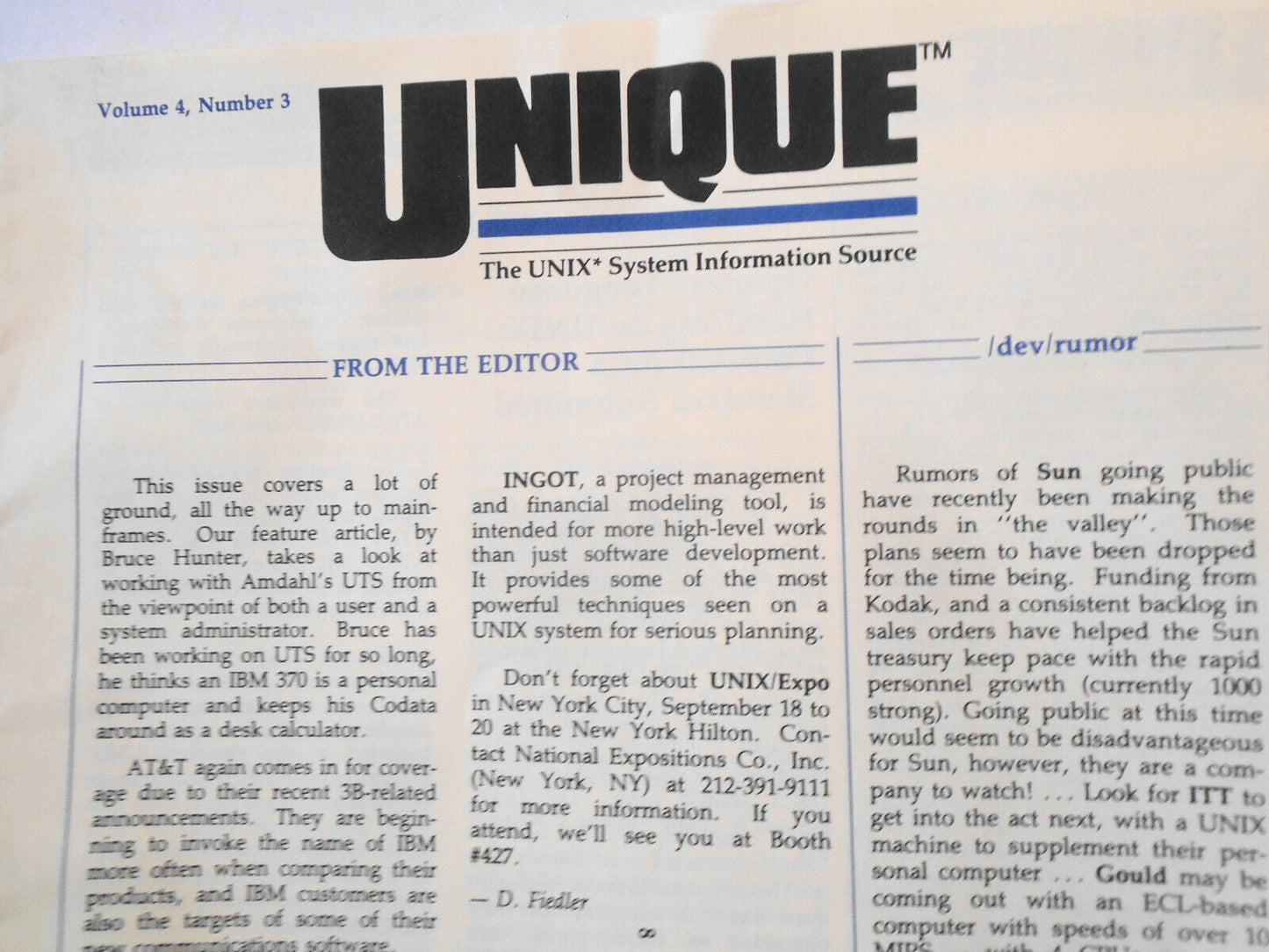 UNIQUE,  Vol. 4, No.  3, 1985 - The UNIX System Information Source