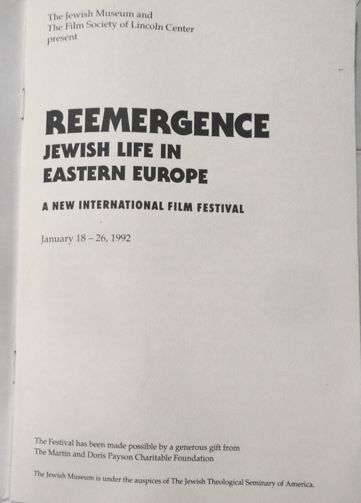 Reemergence Jewish Life in Eastern Europe - Film Festival 1992 Souvenir Program