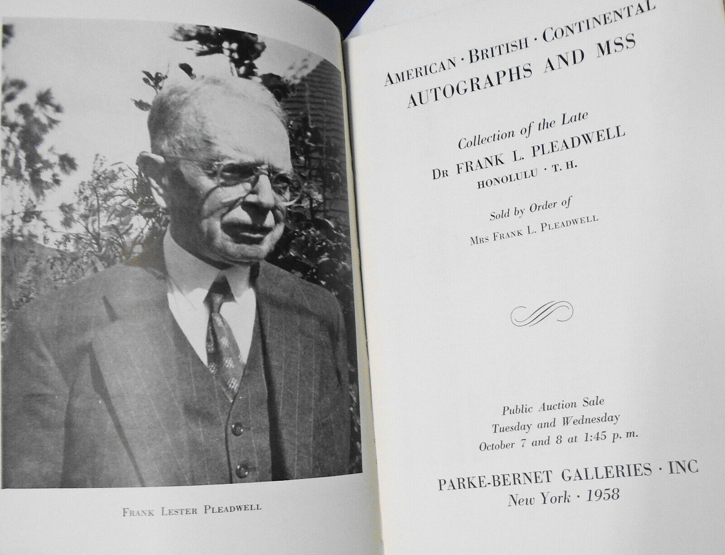 American, British, Continental autographs and mss - Pleadwell. 1958 Parke-Bernet