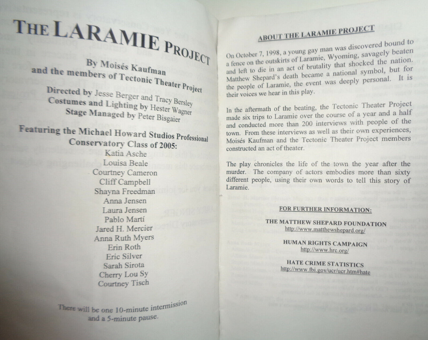 THE LARAMIE PROJECT -  Program - Michael Howard Studios Conservatory Class 2005