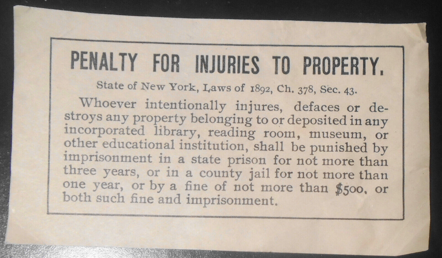 State of New York  Library Penalty for injuries to property - 2 Bookplates, 1892