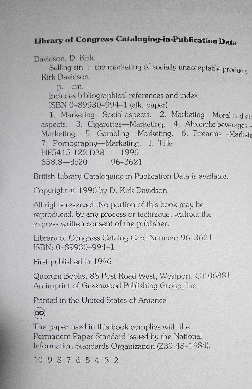 Selling Sin, by D. Kirk Davidson. Hardcover/DJ 1996. Fine/Fine