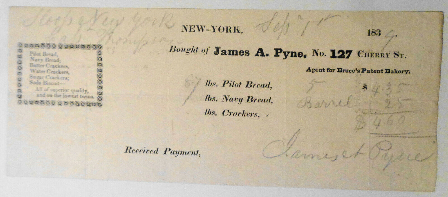 1839 Provisioning Sloop New York invoice - 87 pounds Pilot bread, with a barrel