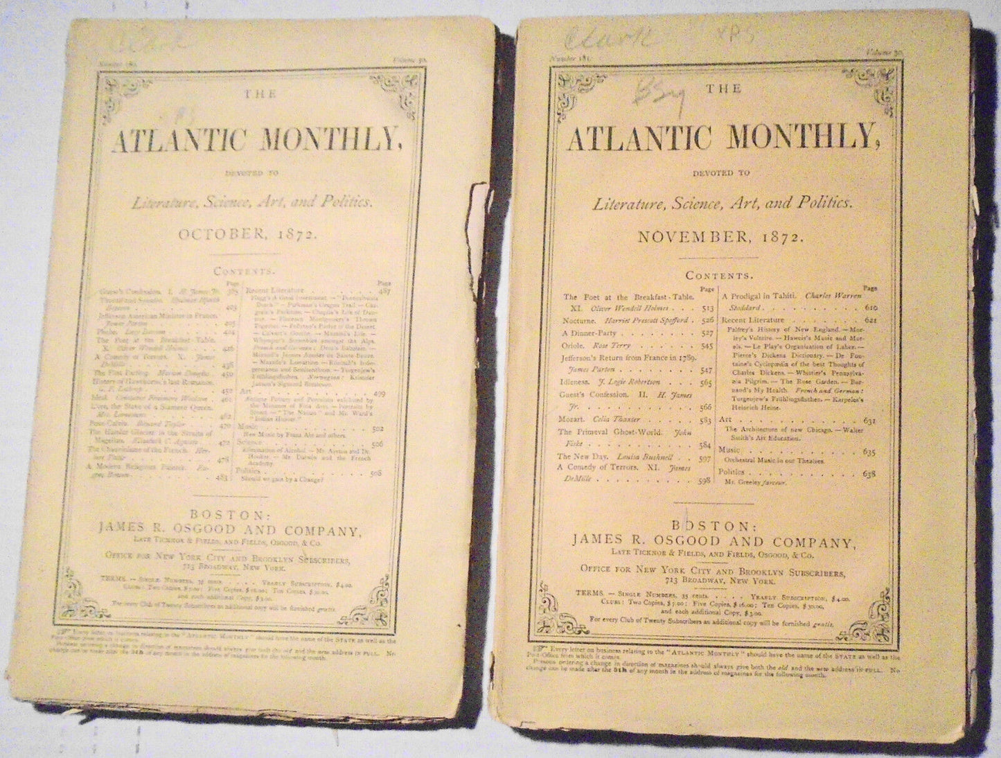 2 issues, Atlantic Monthly 1872 (Oct & Nov) with Henry James: Guest's Confession