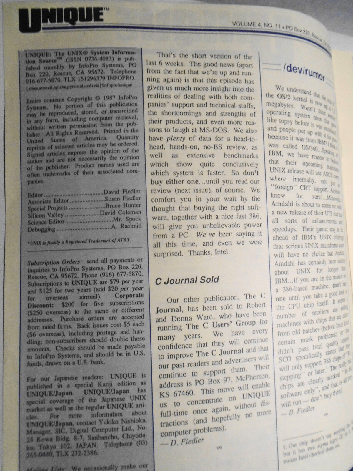 UNIQUE: The UNIX System Information Source,  Vol. 4, No.  11, October 1987