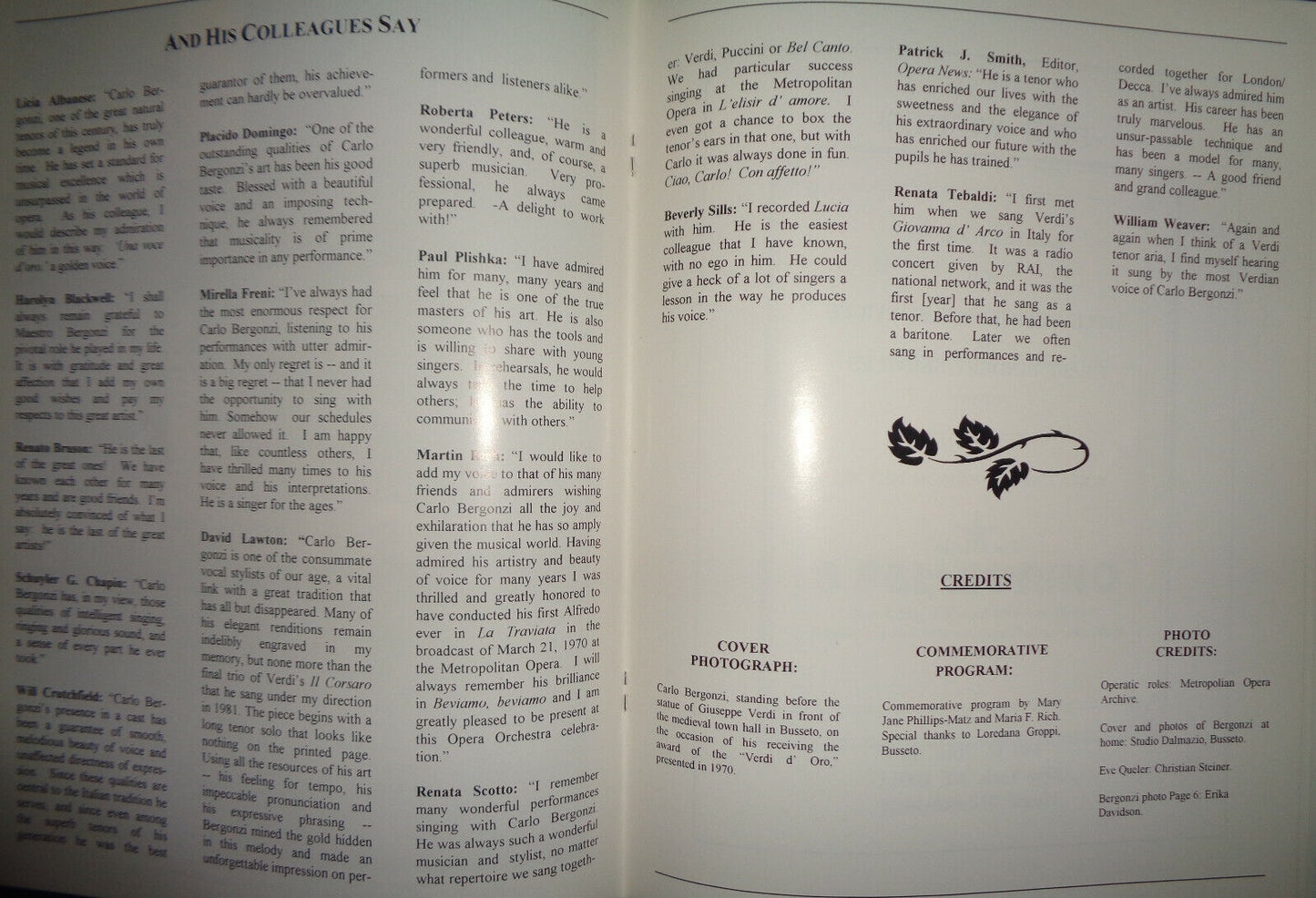 A TRIBUTE TO CARLO BERGONZI - APRIL 12, 1994 AMERICAN FAREWELL RECITAL PROGRAM