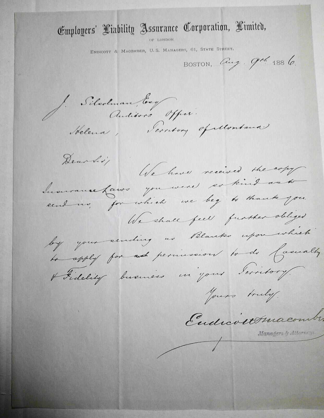 1886 Employers' Liability Assurance Corp., Boston letter on company letterhead