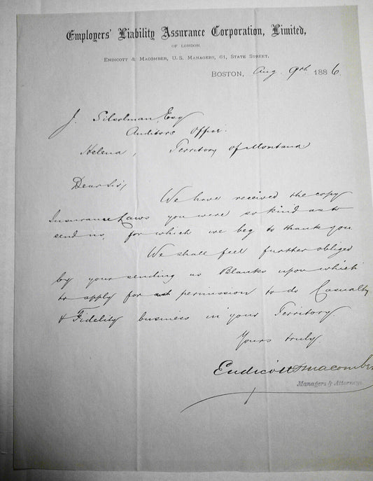 1886 Employers' Liability Assurance Corp., Boston letter on company letterhead